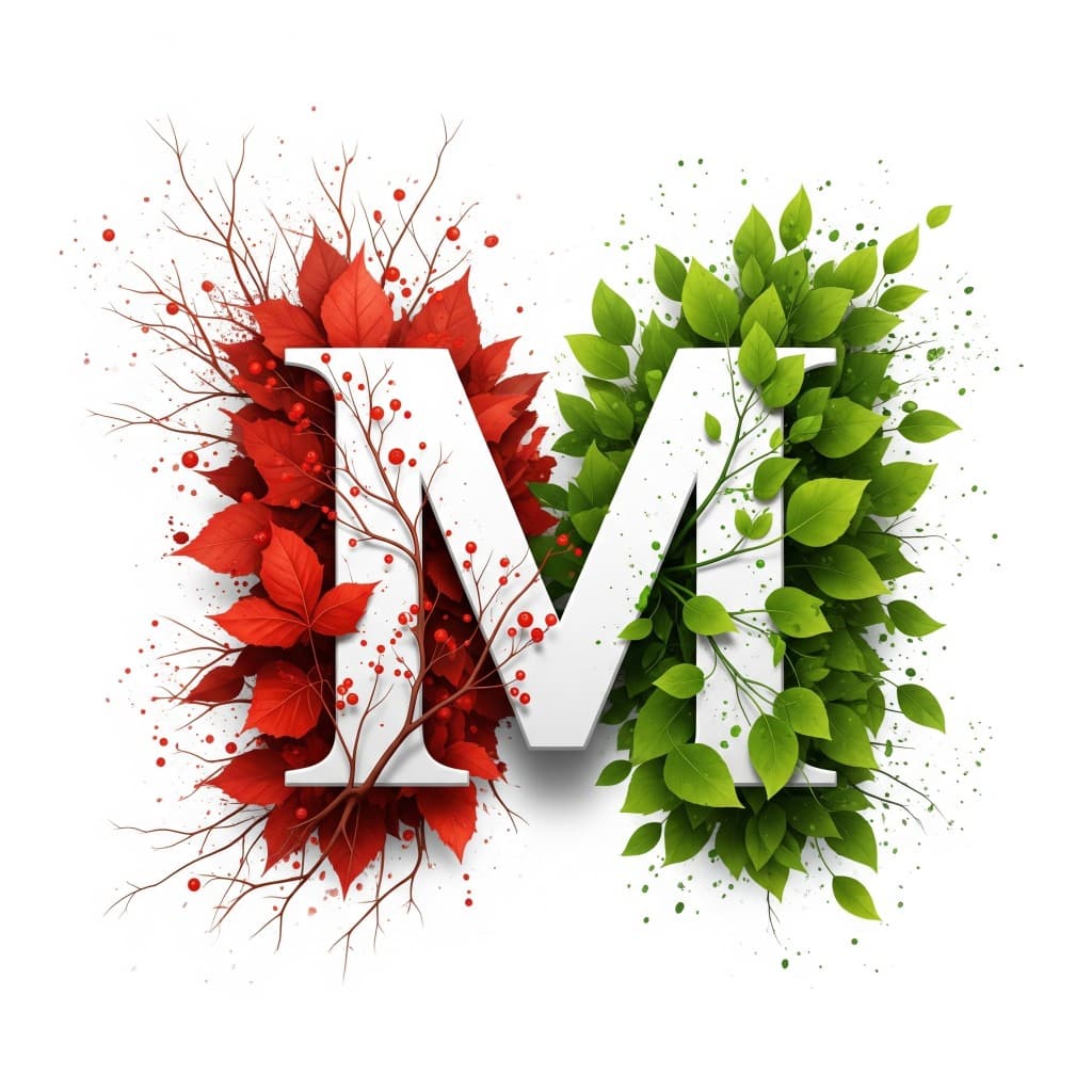 Matawis mark: a white serif M with red foliage on the left and green growth on the right