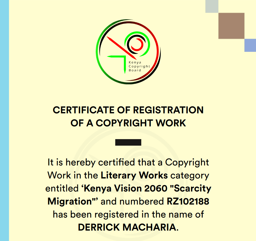 Kenya Copyright Board certificate RZ102188 for Kenya Vision 2060 "Scarcity Migration", registered to Derrick Macharia